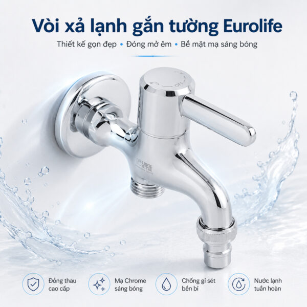 Vòi xả lạnh gắn tường Eurolife EL-SL109 có thiết kế gọn đẹp, đóng mở êm, bề mặt mạ Chrome sáng bóng, phù hợp lắp đặt trong nhà tắm hoặc khu giặt.