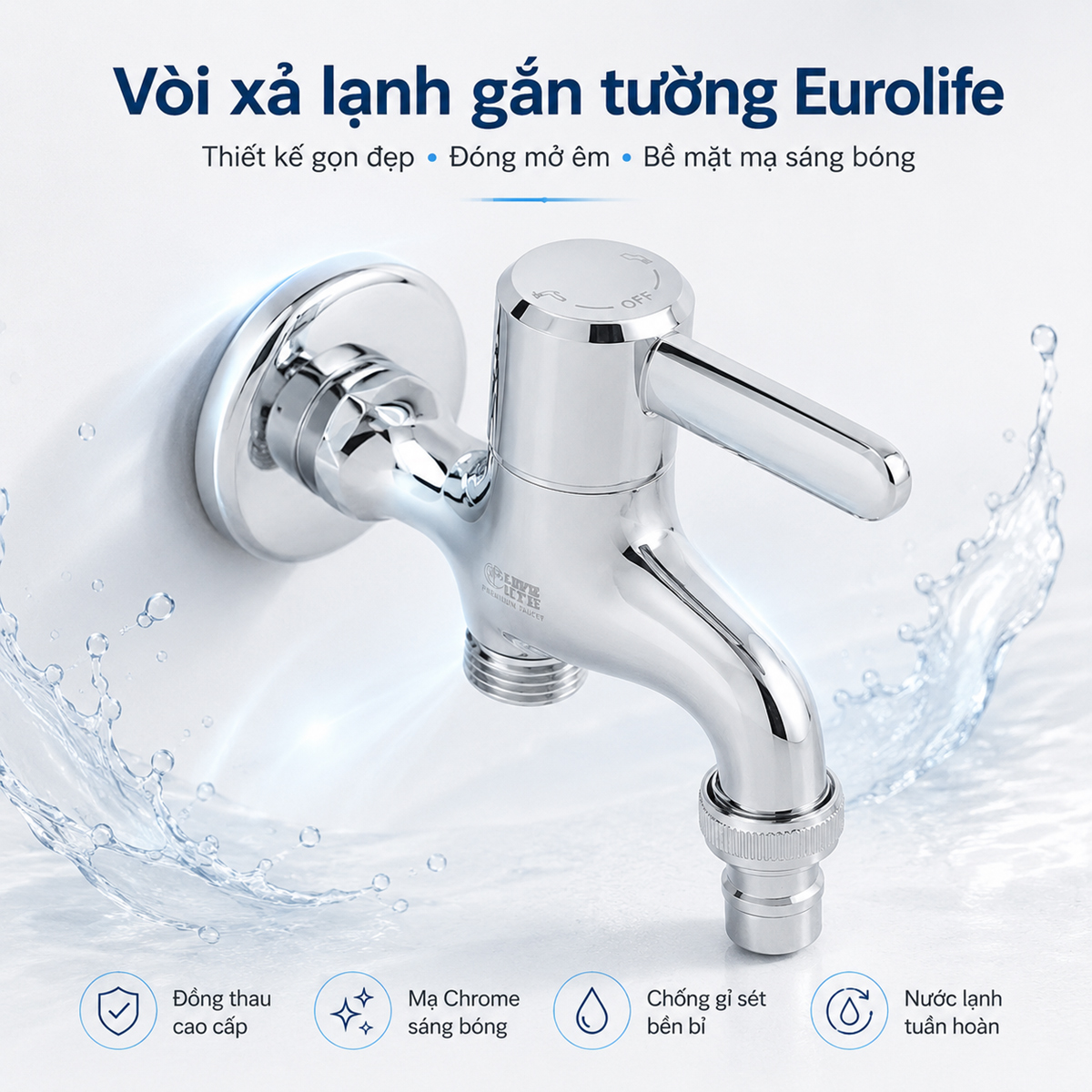 Vòi xả lạnh gắn tường Eurolife EL-SL109 có thiết kế gọn đẹp, đóng mở êm, bề mặt mạ Chrome sáng bóng, phù hợp lắp đặt trong nhà tắm hoặc khu giặt.