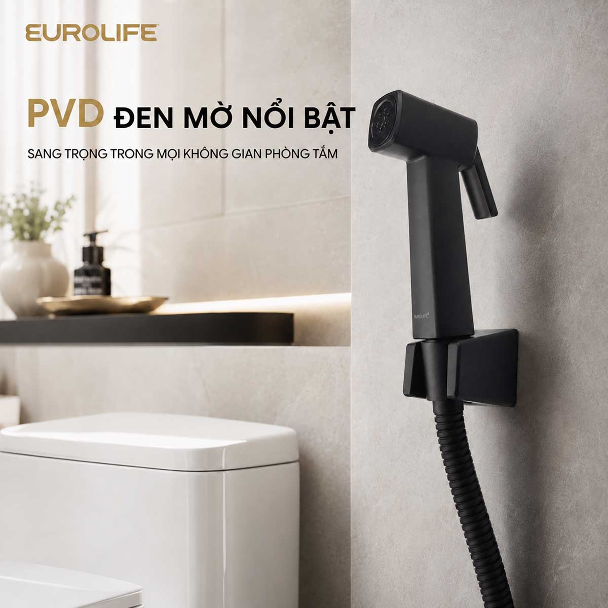 Vòi xịt Eurolife EL-X11-D PVD đen mờ lắp cạnh bồn cầu trong không gian phòng tắm hiện đại 