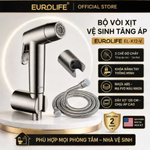 Vòi xịt vệ sinh tăng áp 2 chế độ Eurolife EL-X12-V mạ PVD Niken gồm tay xịt hai chế độ, dây 120cm và bát gác đồng bộ.
