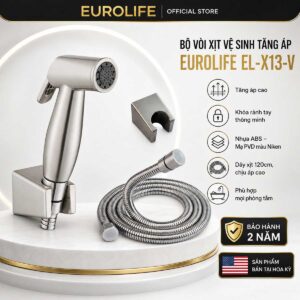 Vòi xịt vệ sinh tăng áp Eurolife EL-X13-V gồm tay xịt ABS mạ PVD Niken, dây 120cm, bát gác và bảo hành 2 năm.