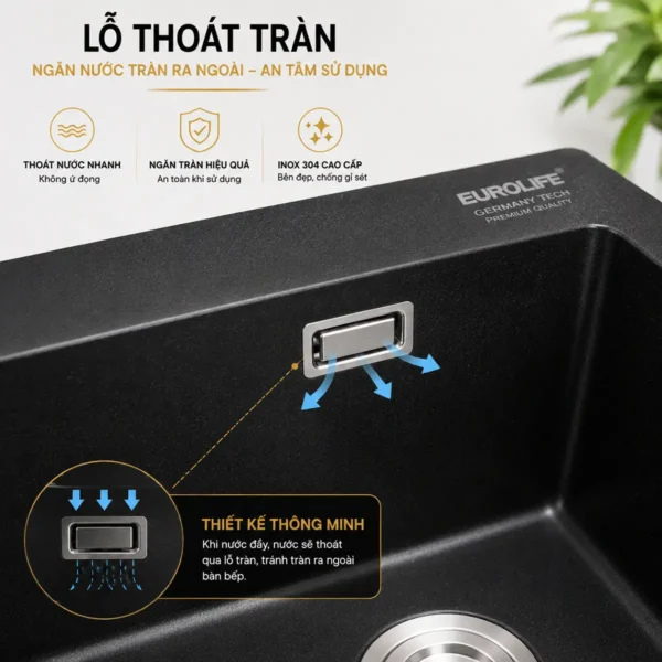 Xả tràn chậu rửa chén đá thạch anh Eurolife EL-QC8349