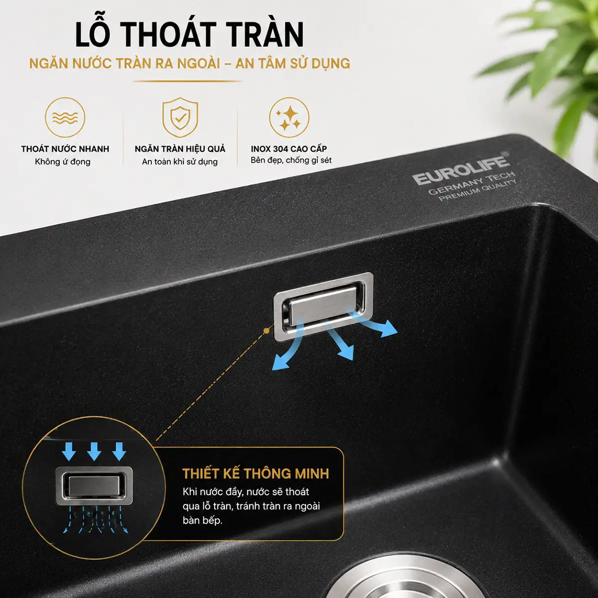 Xả tràn chậu rửa chén đá thạch anh Eurolife EL-QC8349