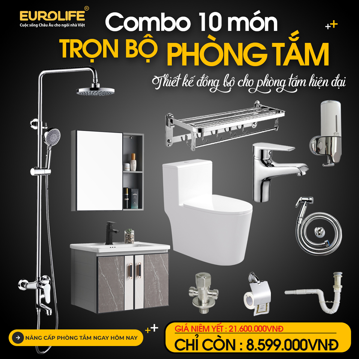Combo phòng tắm Eurolife SC902 10 món gồm sen cây nóng lạnh, tủ lavabo, bồn cầu 1 khối, vòi lavabo và phụ kiện phòng tắm đồng bộ cho nhà mới, căn hộ và công trình.