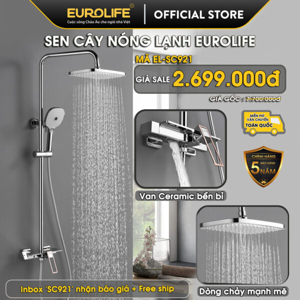 Hình ảnh flash sale sen cây nóng lạnh Eurolife EL-SC921 mạ Chrome, thiết kế thân sen bo vát, dòng chảy mạnh mẽ, bảo hành chính hãng 5 năm.