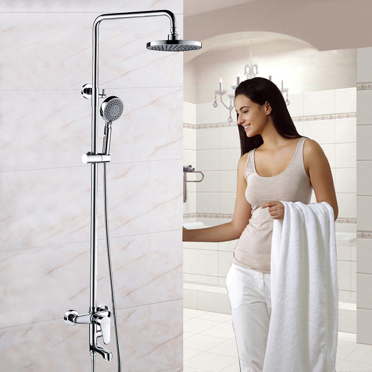 Sen cây nóng lạnh Eurolife EL-SC902 trong combo phòng tắm Eurolife SC902, thiết kế tắm đứng hiện đại với bát sen mưa, tay sen cầm tay và thân sen mạ Chrome sáng bóng.