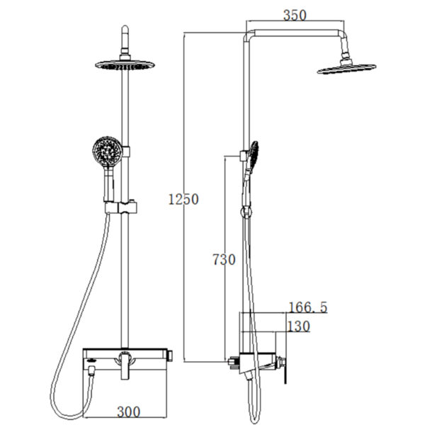Bản vẽ kích thước lắp đặt sen cây Eurolife EL-SC906 với chiều cao 1250mm, cần sen trên 350mm, thân củ sen rộng 300mm và khoảng cách lắp đặt tham khảo.