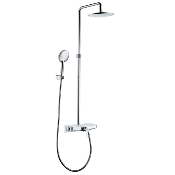 Sen cây tắm đứng nóng lạnh Eurolife EL-SC906 Chrome với mặt kiếng cường lực, bát sen lớn, tay sen cầm tay, thân sen mạ Chrome sáng bóng và bộ phụ kiện lắp đặt đầy đủ.