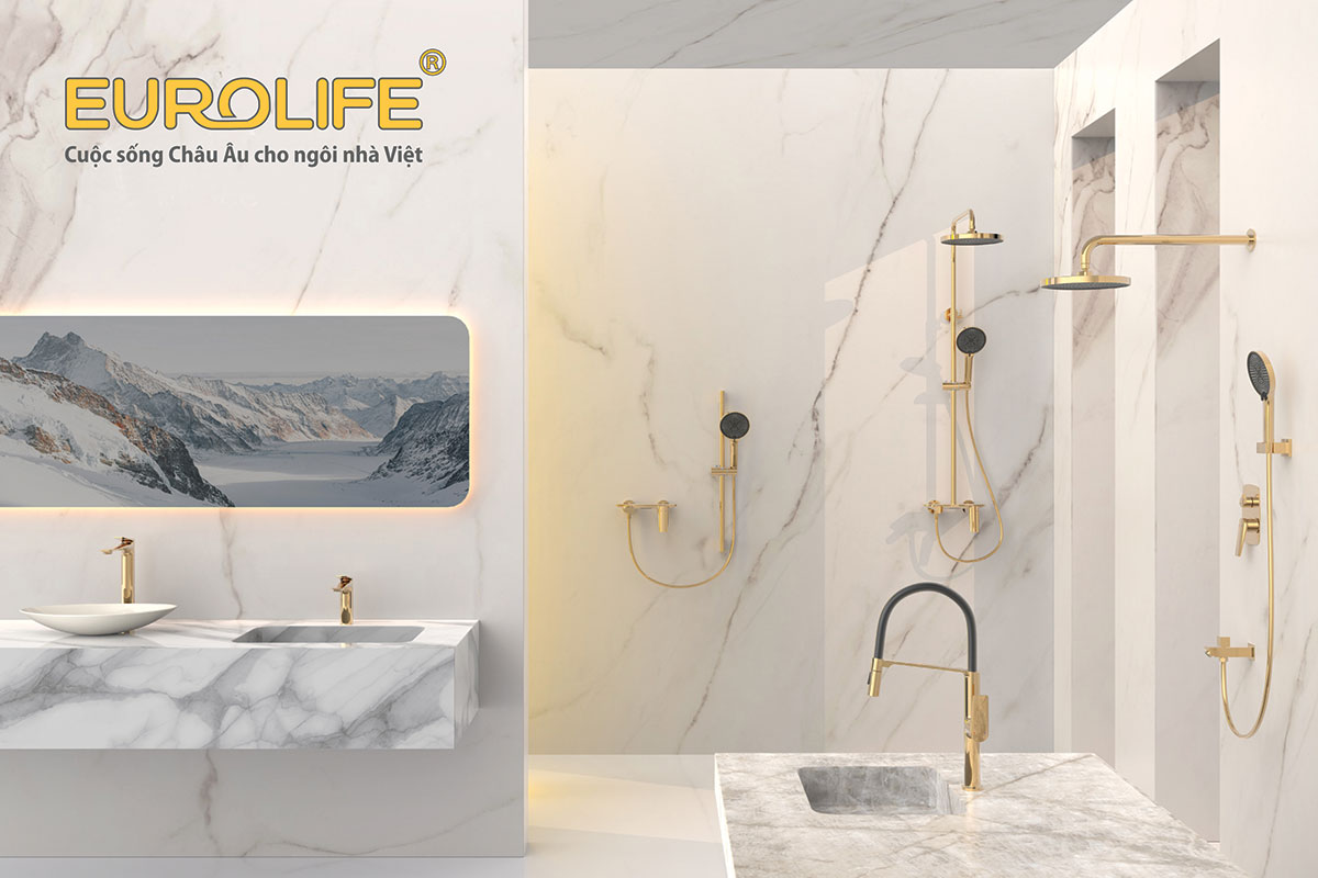 Hệ sinh thái thiết bị phòng tắm Eurolife gồm sen cây, vòi lavabo, phụ kiện và thiết bị vệ sinh, mang đến lựa chọn đồng bộ cho không gian phòng tắm hiện đại.