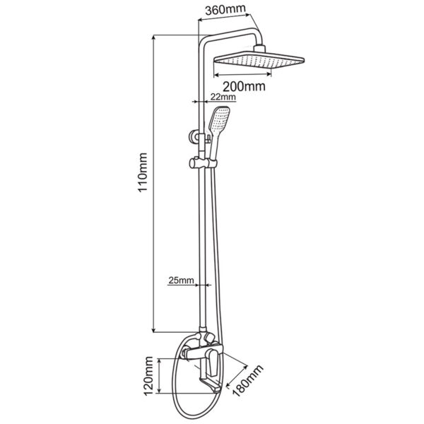 Bản vẽ kích thước sen cây Eurolife EL-SC913, thể hiện chiều cao 1100mm, tay sen, đài sen vuông 200mm và các thông số lắp đặt cơ bản.