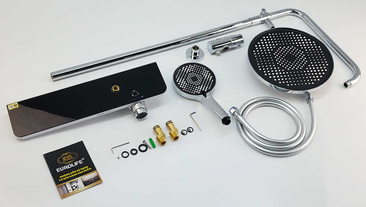 Bộ sản phẩm sen cây Eurolife EL-SC914 đầy đủ gồm củ sen mặt kiếng, cần sen, bát sen tròn, tay sen, dây sen, chân kết nối và phụ kiện lắp đặt.
