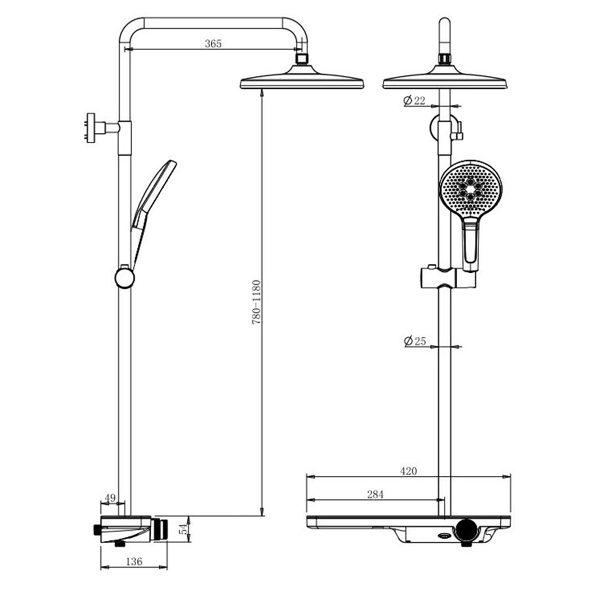 Bản vẽ kích thước lắp đặt sen cây Eurolife EL-SC914, thể hiện chiều cao điều chỉnh 780–1180 mm, cần sen 365 mm, thân kệ 420 mm và đường kính ống sen.