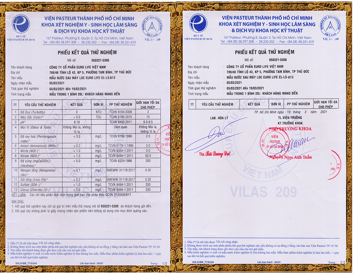Phiếu thử nghiệm Viện Pasteur cho mẫu nước sau máy lọc Eurolife, dùng tham khảo cho các model có cùng lõi lọc và nguyên lý lọc tương đương.