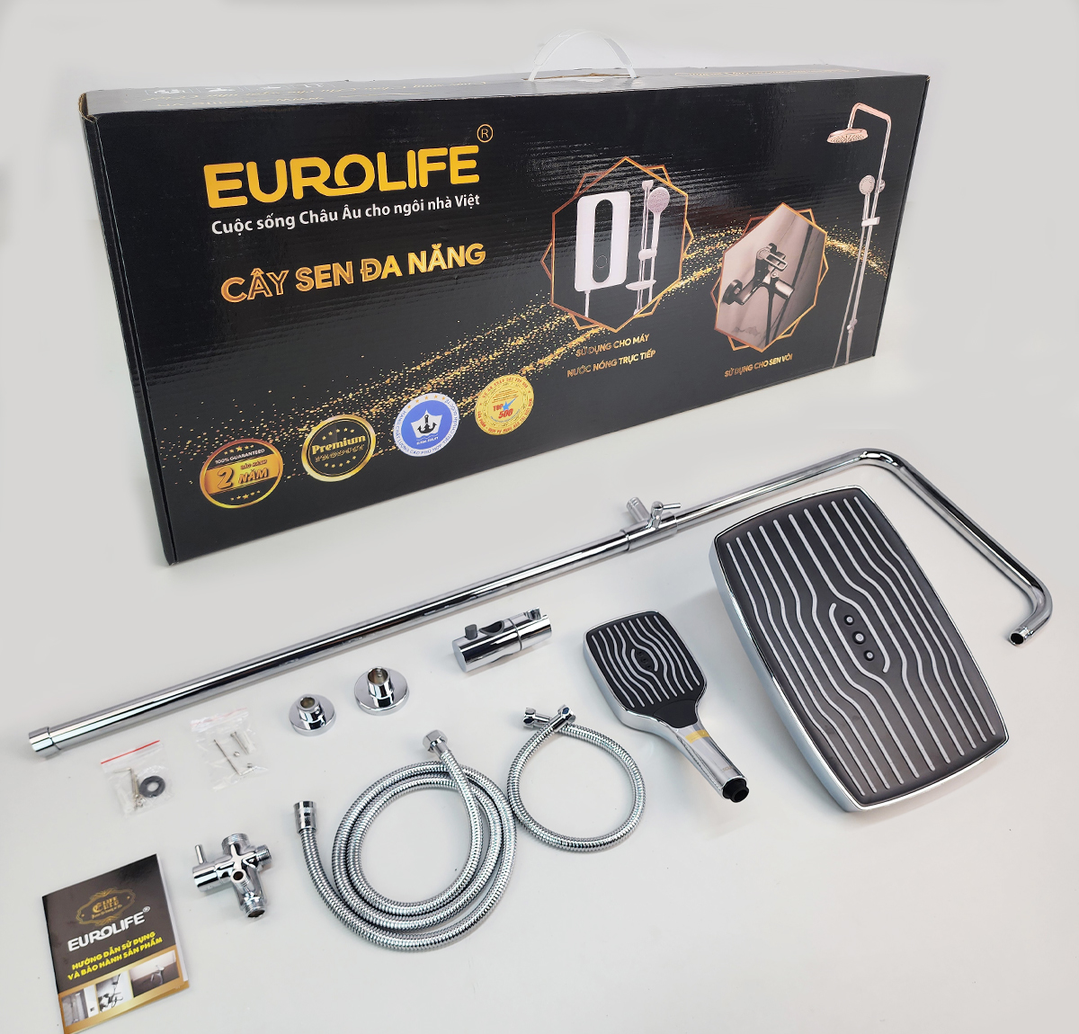 Bộ sen cây đa năng Eurolife EL-SCL01 đi kèm đầy đủ phụ kiện gồm đài sen, tay sen, ống dẫn, van chia nước, dây cấp, dây sen và hộp đóng gói chính hãng.