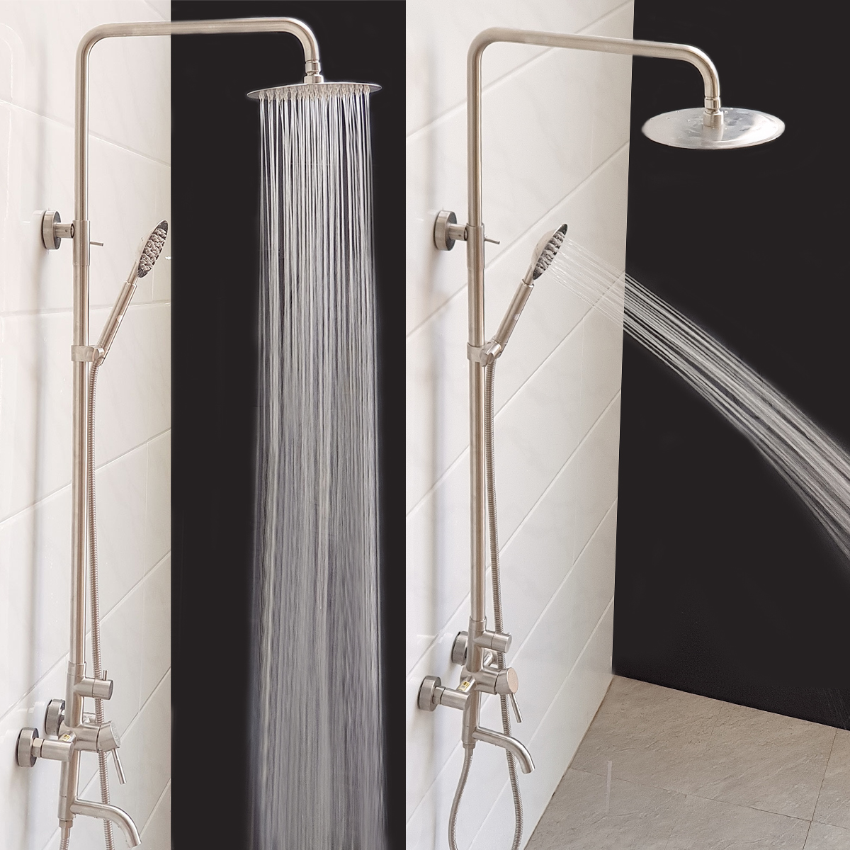 Hình ảnh sen cây Eurolife EL-S909 Inox SUS 304 thể hiện 3 chế độ nước gồm sen mưa, tay sen 1 chế độ và đầu xả dưới, phù hợp cho phòng tắm gia đình hiện đại.