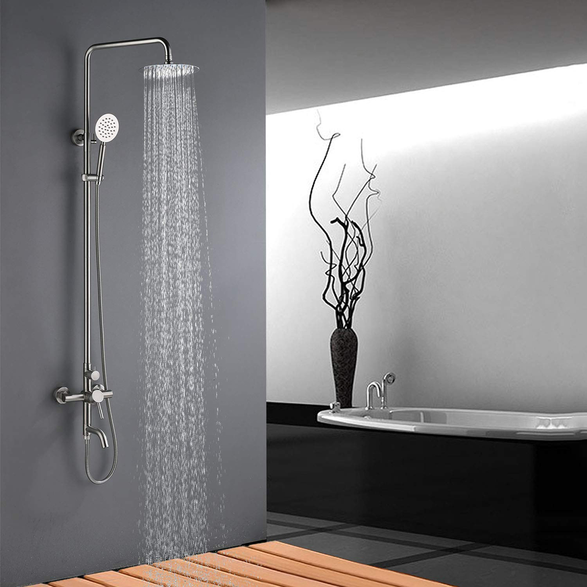 Hình ảnh sen cây Eurolife EL-S909 Inox SUS 304 lắp đặt trong không gian phòng tắm hiện đại, thể hiện bộ sen cây nóng lạnh với sen mưa, tay sen, đầu xả dưới và dòng nước chảy đều khi sử dụng.