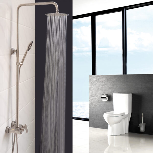 Hình ảnh sen cây Eurolife EL-S920 Inox SUS 304 với bát sen tròn tăng áp đang xả nước, thiết kế hiện đại, phù hợp phòng tắm gia đình và căn hộ.