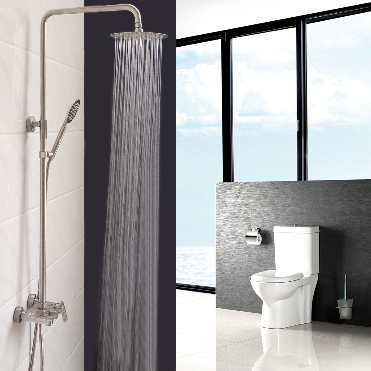 Hình ảnh sen cây Eurolife EL-S920 Inox SUS 304 với bát sen tròn tăng áp đang xả nước, thiết kế hiện đại, phù hợp phòng tắm gia đình và căn hộ.