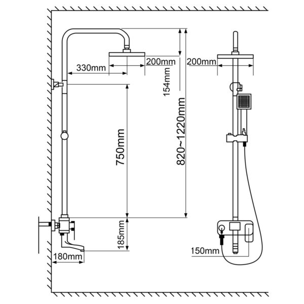 Bản vẽ kích thước Sen cây Eurolife EL-SC904 với chiều cao điều chỉnh 820–1220mm, thân sen 750mm, bát sen vuông 200mm và khoảng cách lắp đặt chi tiết.