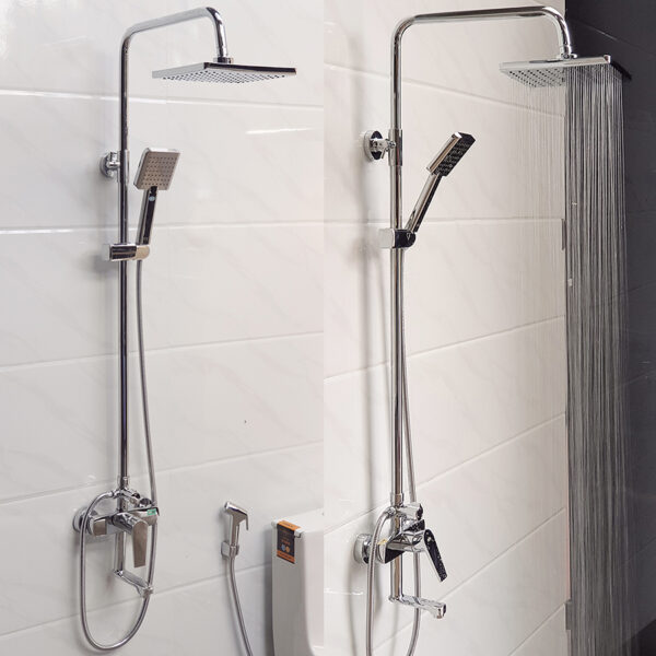Hình ảnh sen cây Eurolife EL-SC913 mạ Chrome lắp đặt thực tế trong phòng tắm, đài sen vuông xả nước đều, tay sen linh hoạt và thiết kế hiện đại.