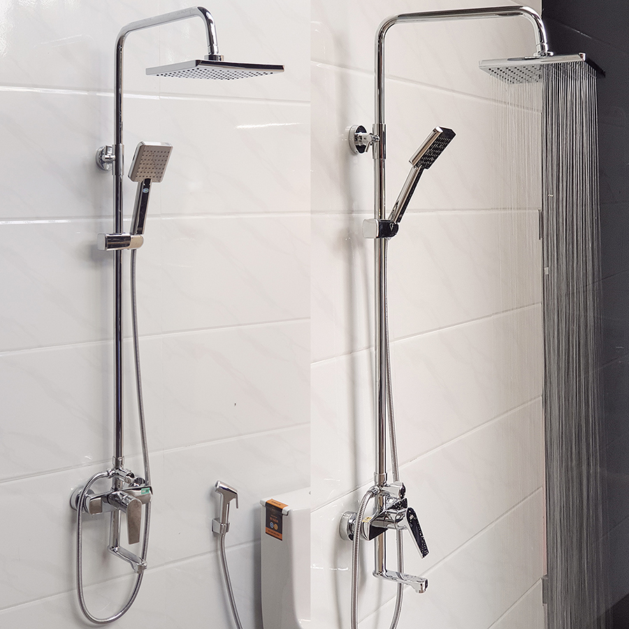 Hình ảnh sen cây Eurolife EL-SC913 mạ Chrome lắp đặt thực tế trong phòng tắm, đài sen vuông xả nước đều, tay sen linh hoạt và thiết kế hiện đại.
