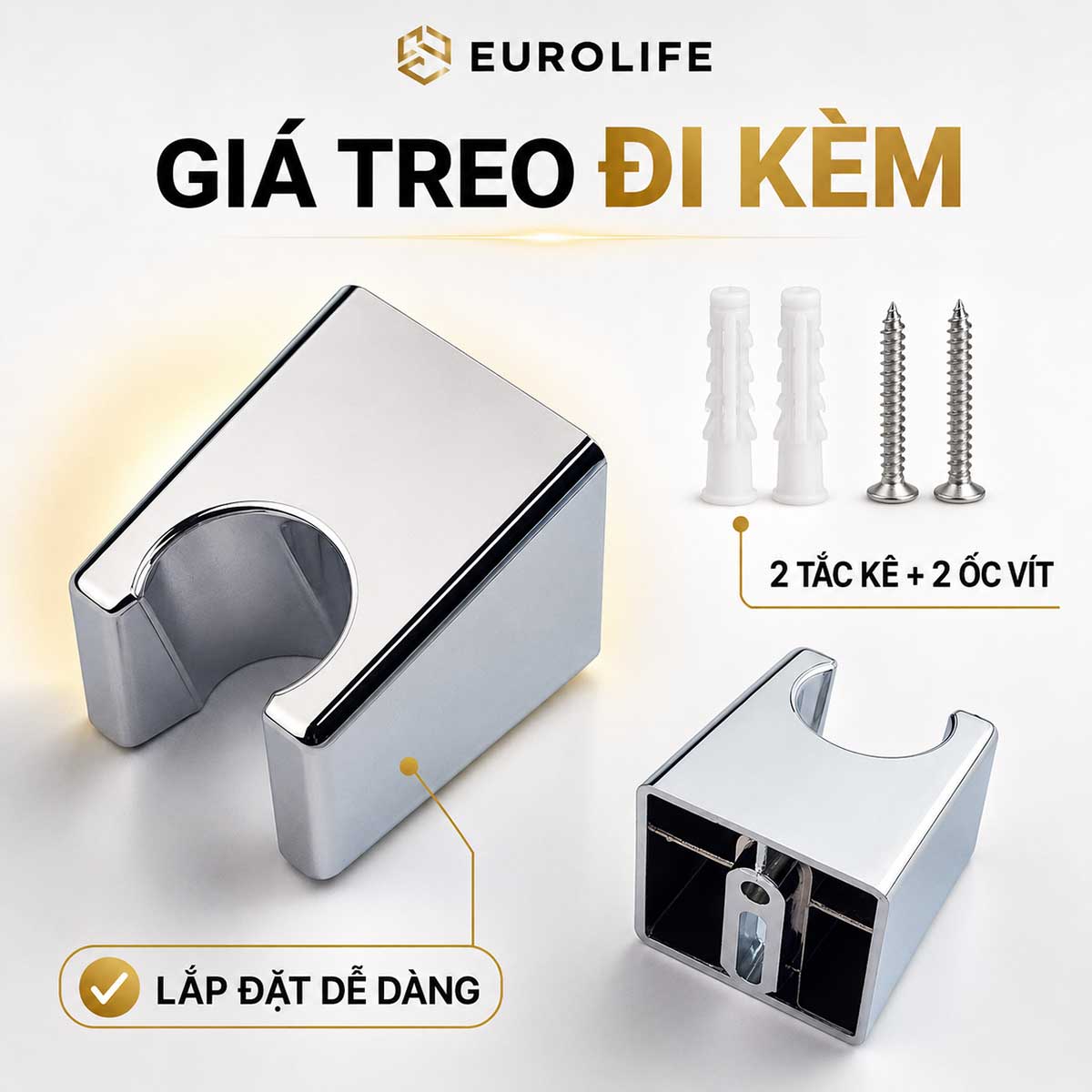 Bát gác tay xịt Eurolife EL-X13-T đi kèm hai tắc kê và hai ốc vít, hỗ trợ lắp đặt gọn gàng. 