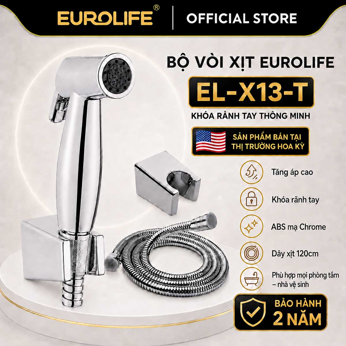Bộ vòi xịt tăng áp Eurolife EL-X13-T chính hãng gồm tay xịt khóa rảnh tay, dây Inox 304 mạ Chrome dài 120cm và bát gác.