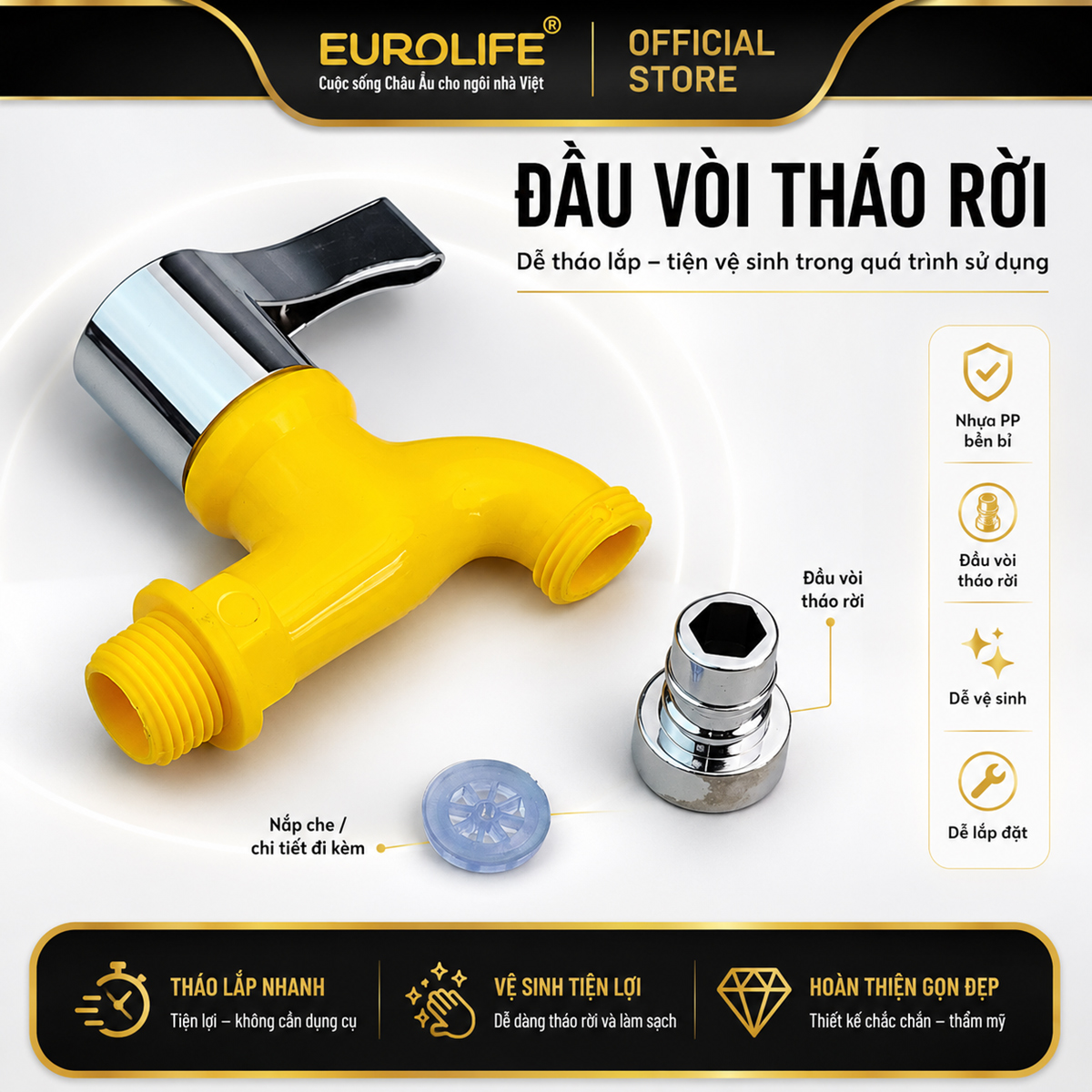 Hình ảnh đầu vòi tháo rời của Eurolife EL-HN08 giúp người dùng quan sát chi tiết đầu kết nối và thuận tiện kiểm tra, vệ sinh trong quá trình sử dụng.