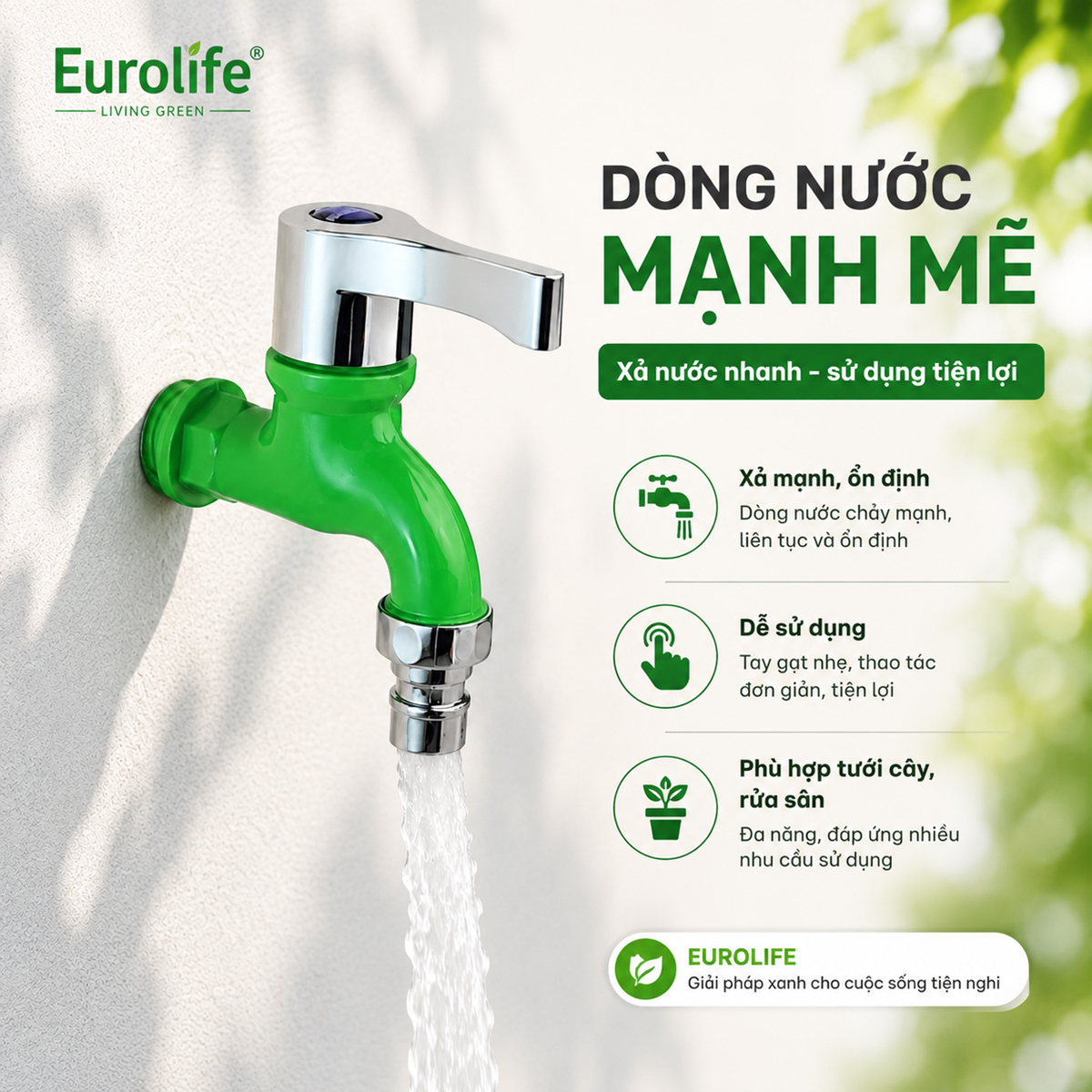 Vòi hồ nhựa PP Eurolife EL-HN08 đang xả nước, phù hợp sử dụng để lấy nước, kết nối ống mềm tưới cây hoặc hỗ trợ vệ sinh sân vườn.