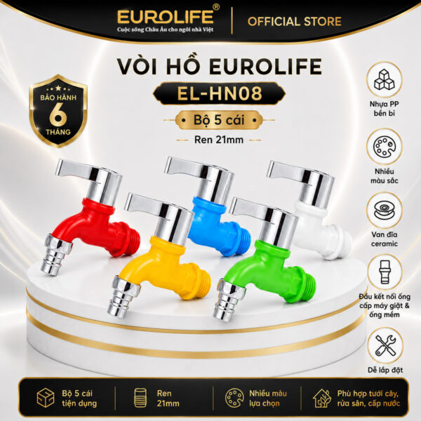 Hình đại diện sản phẩm vòi hồ nhựa PP Eurolife EL-HN08 bộ 5 cái, ren 21mm, van Ceramic, có 5 màu lựa chọn, phù hợp cấp nước máy giặt, kết nối ống mềm, tưới cây, rửa sân và xả nước.