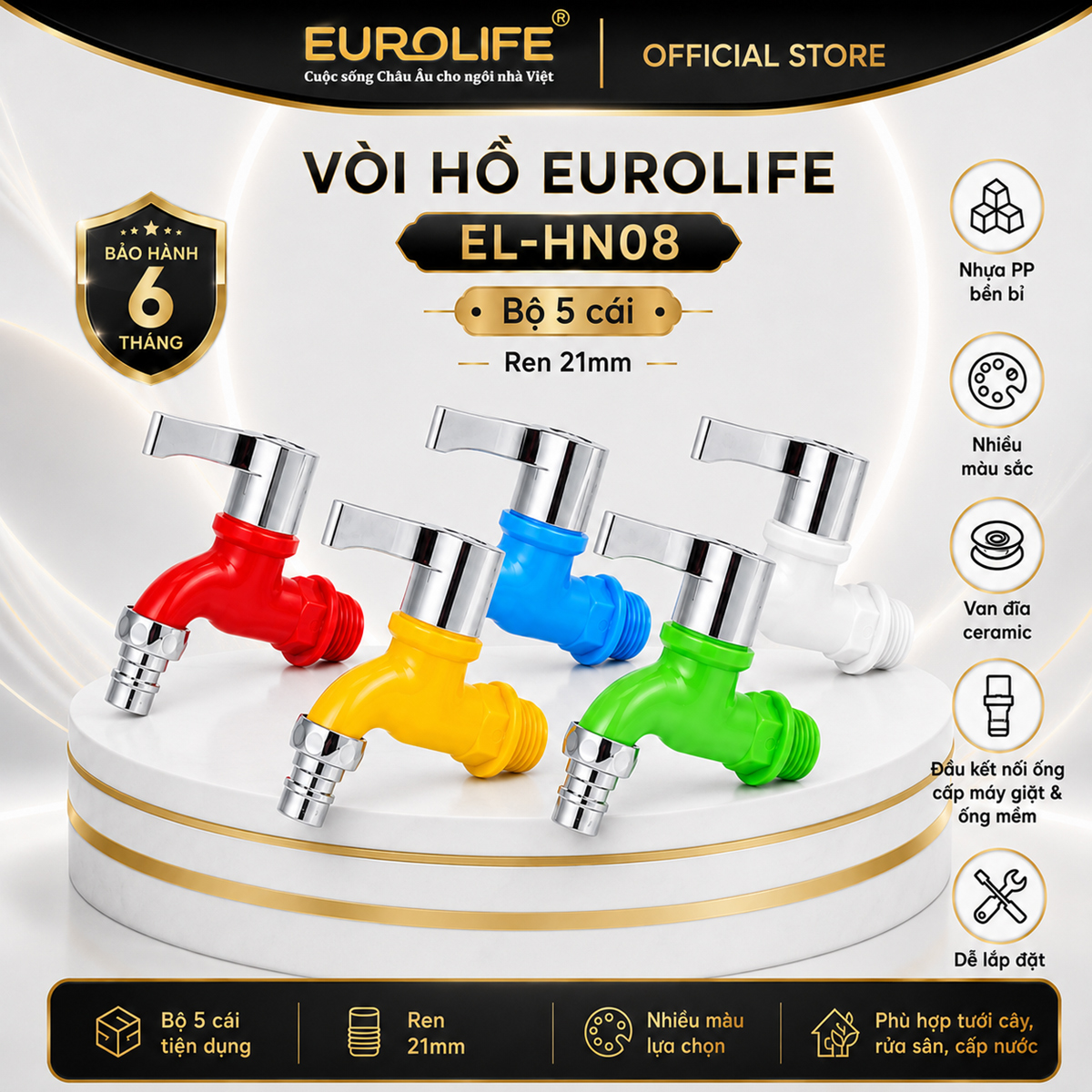 Hình đại diện sản phẩm vòi hồ nhựa PP Eurolife EL-HN08 bộ 5 cái, ren 21mm, van Ceramic, có 5 màu lựa chọn, phù hợp cấp nước máy giặt, kết nối ống mềm, tưới cây, rửa sân và xả nước.