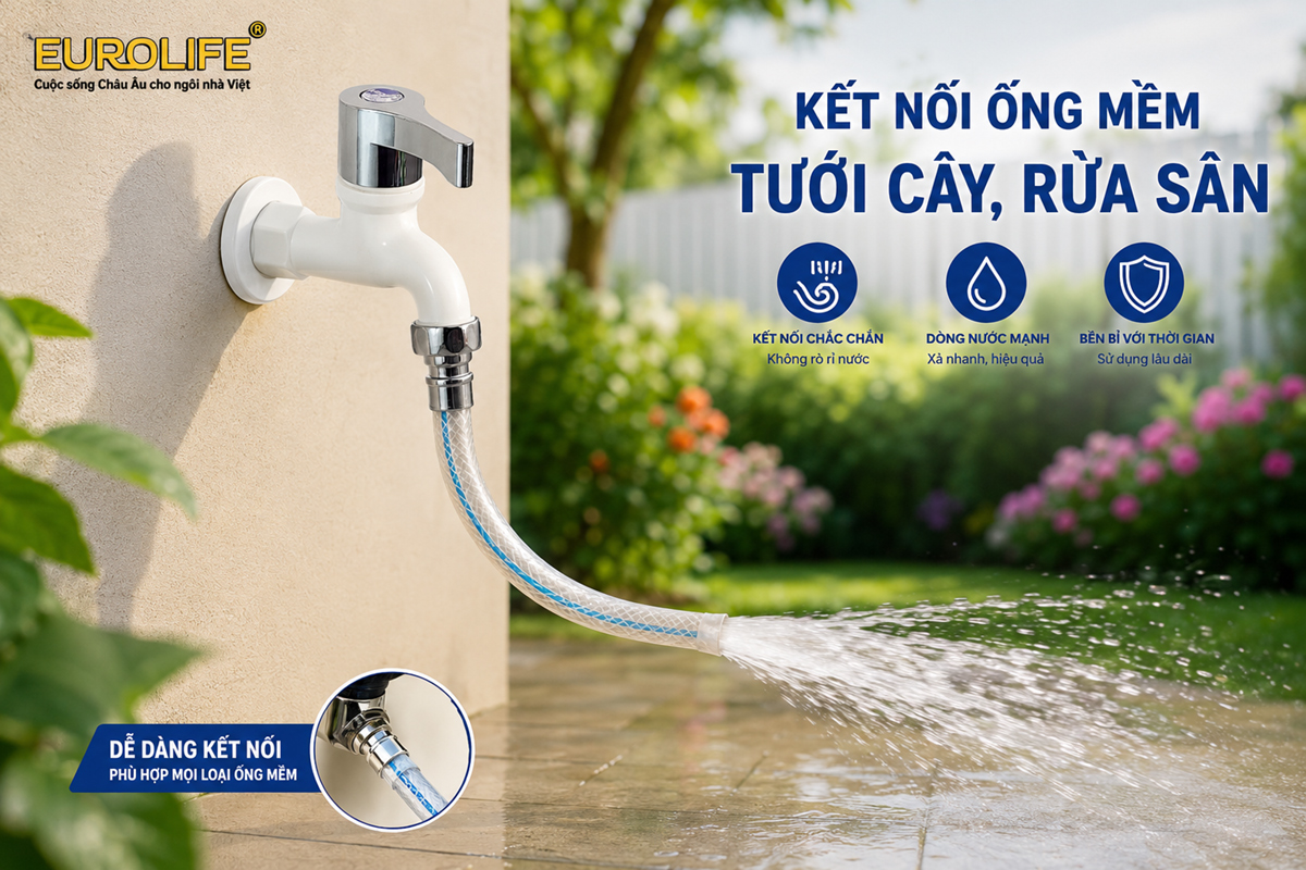 Vòi hồ Eurolife EL-HN08 kết nối ống mềm để tưới cây và rửa sân, mang lại giải pháp cấp nước linh hoạt cho sân vườn, ban công và khu vực ngoài trời.