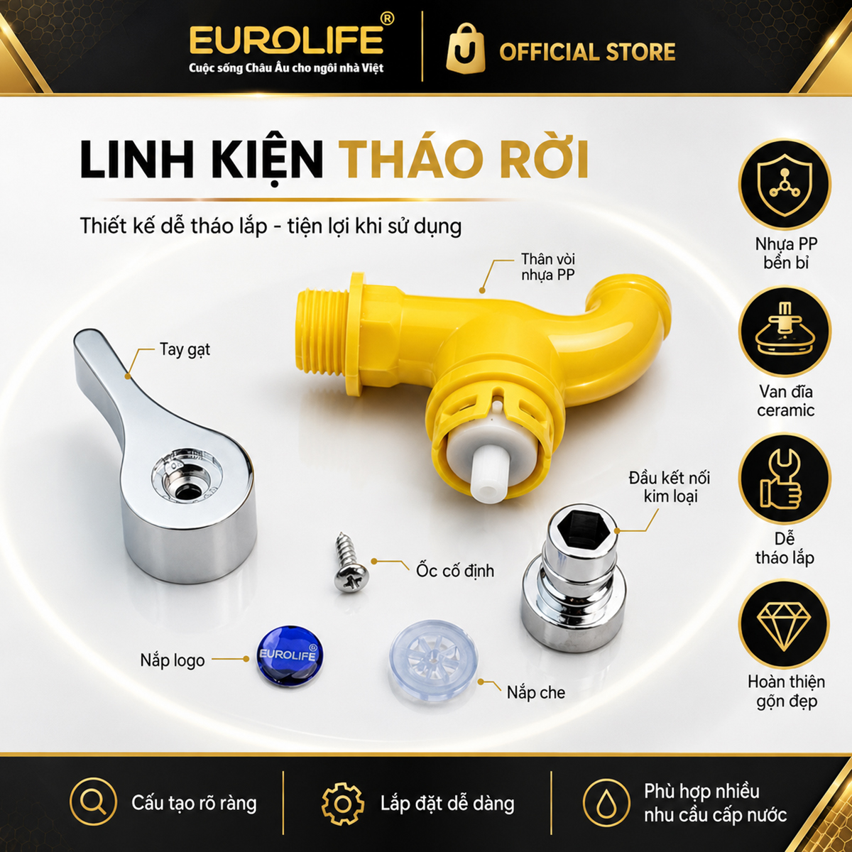 Hình ảnh các chi tiết tháo rời của vòi hồ nhựa PP Eurolife EL-HN08 gồm thân vòi, tay gạt, đầu kết nối, ốc cố định và nắp che, giúp khách hàng dễ quan sát cấu tạo sản phẩm trước khi mua.