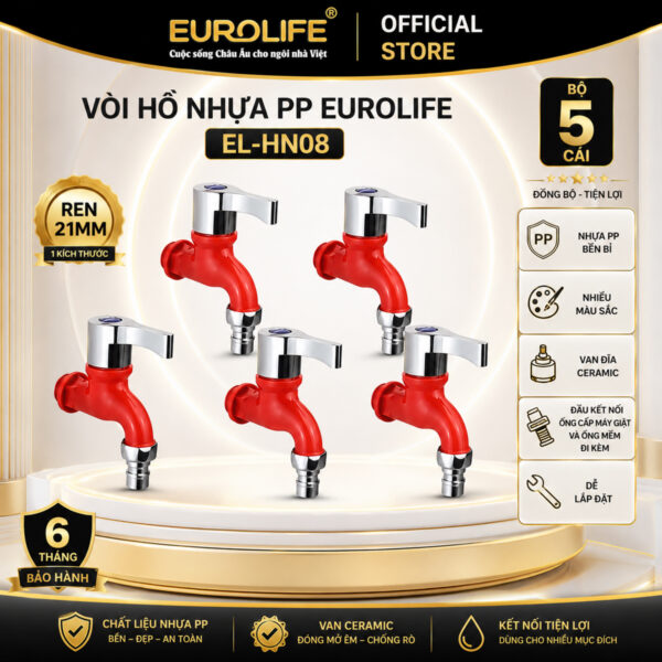 Bộ 5 vòi hồ nhựa PP Eurolife EL-HN08 màu đỏ, ren 21mm, van Ceramic, phù hợp cấp nước máy giặt, kết nối ống mềm, tưới cây và rửa sân.