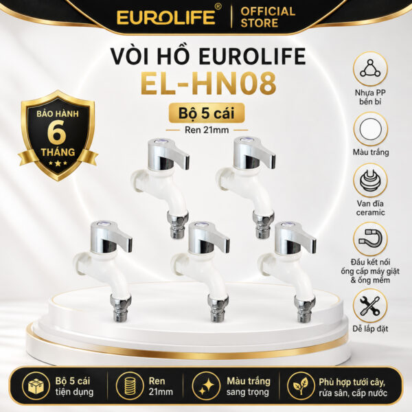 Bộ 5 vòi máy giặt, vòi hồ Eurolife EL-HN08 màu trắng, thân nhựa PP, ren 21mm, van Ceramic và bảo hành chính hãng 6 tháng.