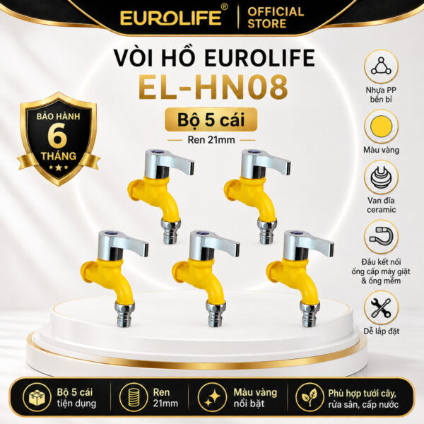 Bộ 5 vòi hồ nhựa PP Eurolife EL-HN08 màu vàng nổi bật, ren 21mm, van Ceramic, thích hợp kết nối dây cấp máy giặt và ống mềm.