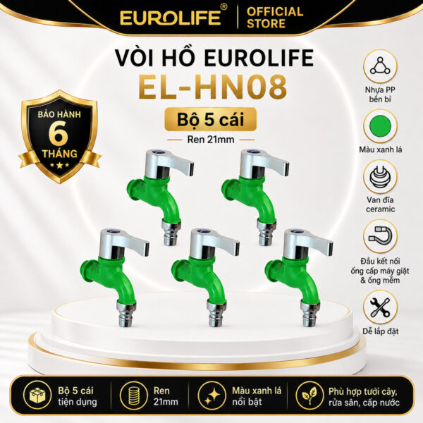 Bộ 5 vòi hồ Eurolife EL-HN08 màu xanh lá, thân nhựa PP, ren 21mm, van Ceramic, phù hợp sử dụng tại sân vườn và khu vực tưới cây.