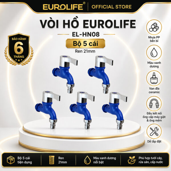 Bộ 5 vòi hồ nhựa PP Eurolife EL-HN08 màu xanh nước biển, ren 21mm, van Ceramic, phù hợp cấp nước, tưới cây và vệ sinh sân vườn.