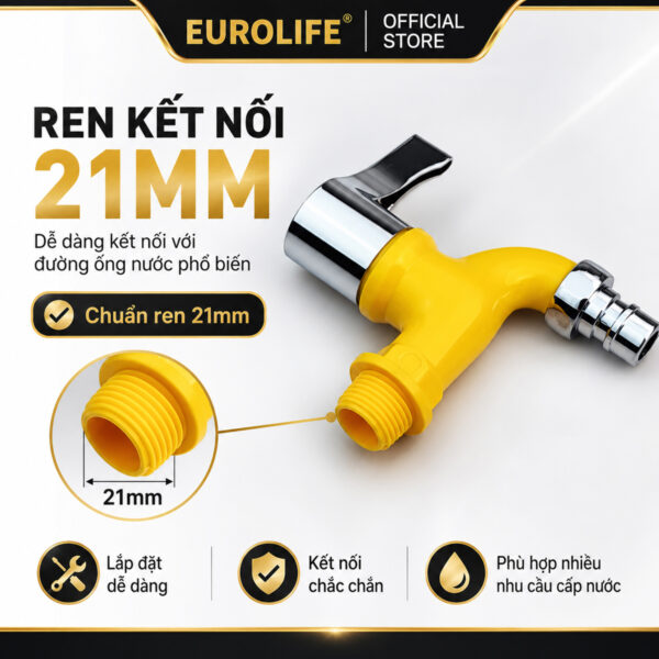 Cận cảnh ren đầu vào 21mm của vòi hồ Eurolife EL-HN08, giúp khách hàng dễ đối chiếu với đầu chờ cấp nước trước khi đặt mua và lắp đặt.