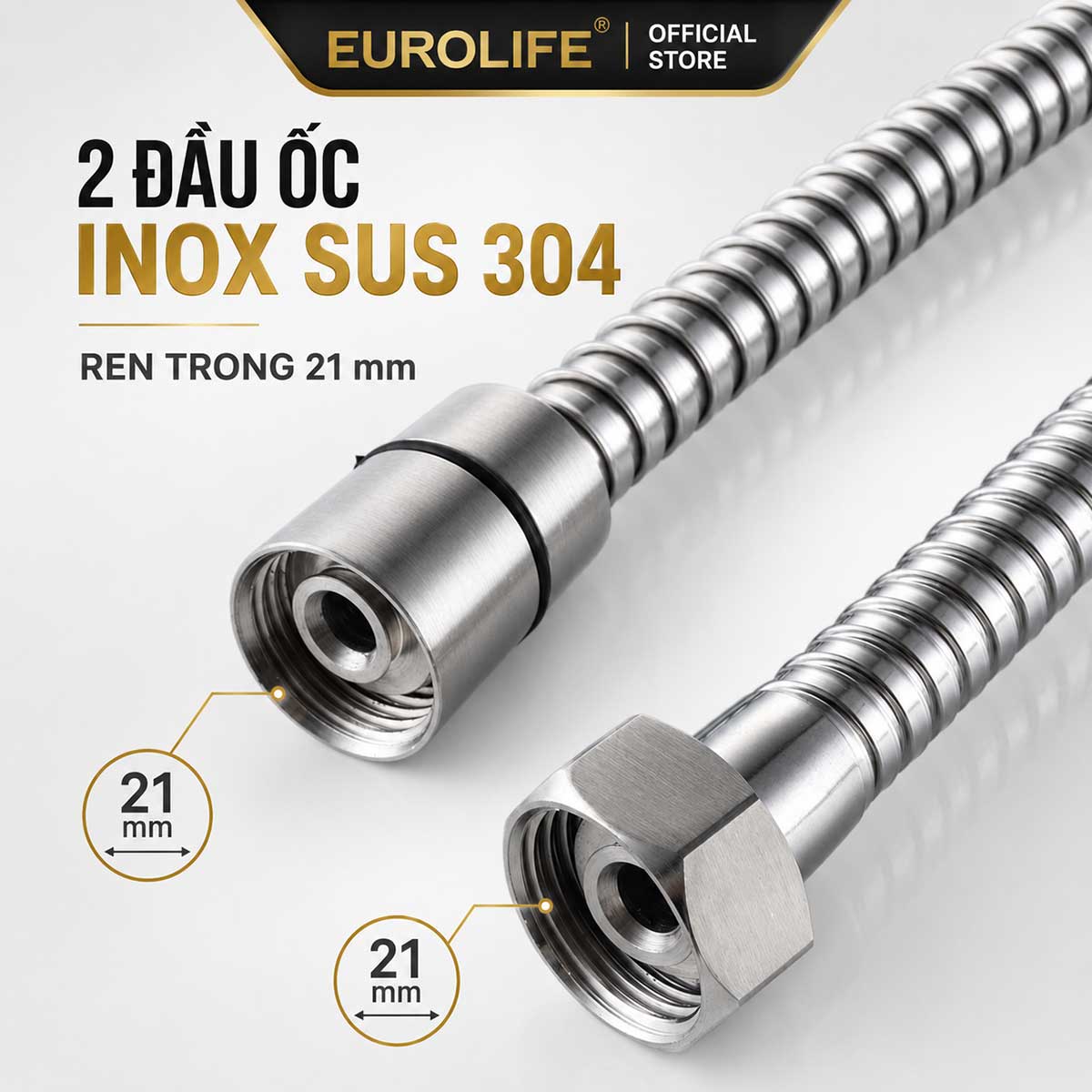 Dây xịt Eurolife EL-X05 có hai đầu ốc Inox SUS 304 sử dụng ren trong 21mm, thuận tiện kết nối với tay xịt và nguồn cấp tương thích. 