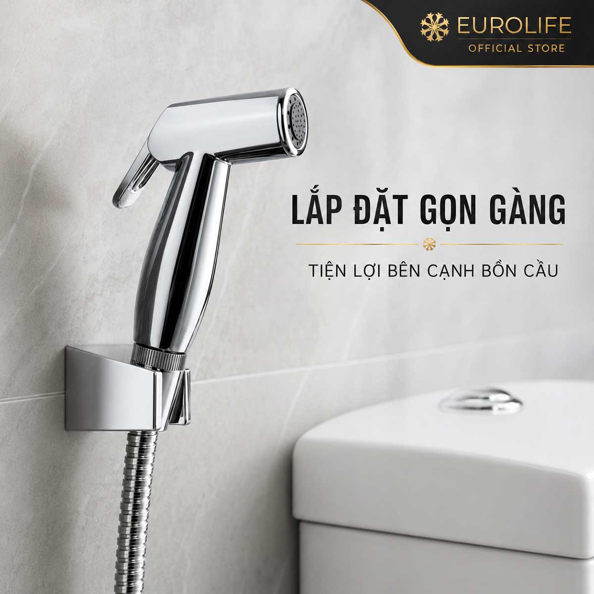 Vòi xịt Eurolife EL-X13-T được treo gọn bên cạnh bồn cầu, thuận tiện lấy dùng và cất giữ. 