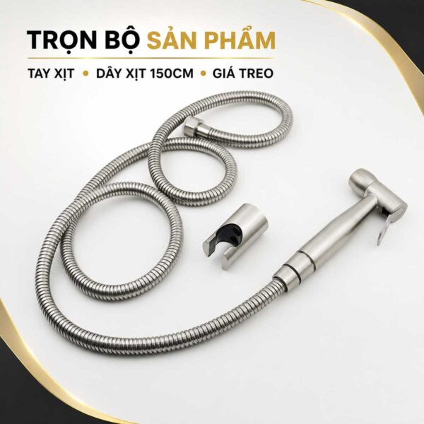 Trọn bộ Eurolife EL-X05 gồm tay xịt Inox 304, dây xịt dài 150cm và giá treo, sẵn sàng thay thế hoặc lắp đặt trong phòng tắm.