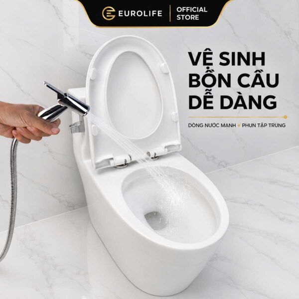 Vòi xịt Eurolife EL-X13-T với dòng phun tập trung hỗ trợ vệ sinh bồn cầu và các vị trí khó tiếp cận.