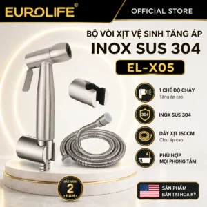 Vòi xịt vệ sinh tăng áp Inox SUS 304 Eurolife EL-X05 gồm tay xịt, dây xịt 150cm và giá treo, bảo hành 2 năm.