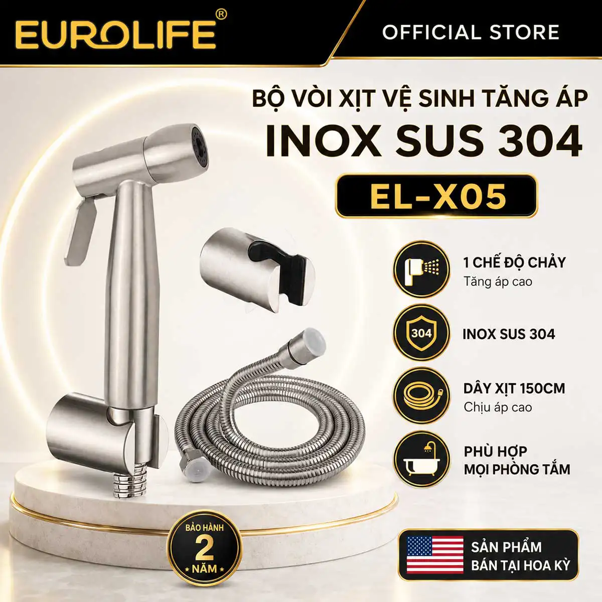 Vòi xịt vệ sinh tăng áp Inox SUS 304 Eurolife EL-X05 gồm tay xịt, dây xịt 150cm và giá treo, bảo hành 2 năm.