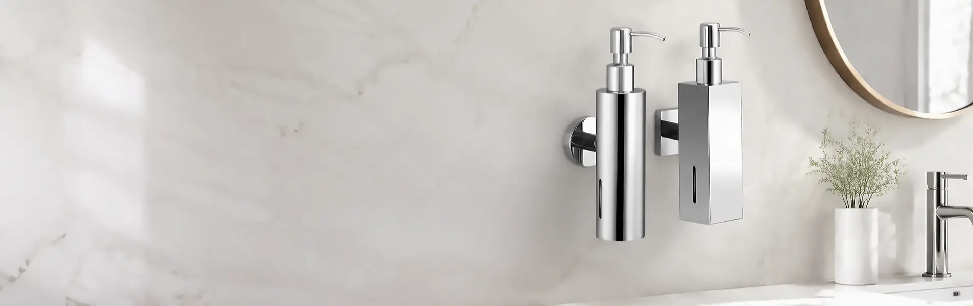 Hai bình đựng nước rửa tay treo tường dáng tròn và vuông bên khu vực lavabo