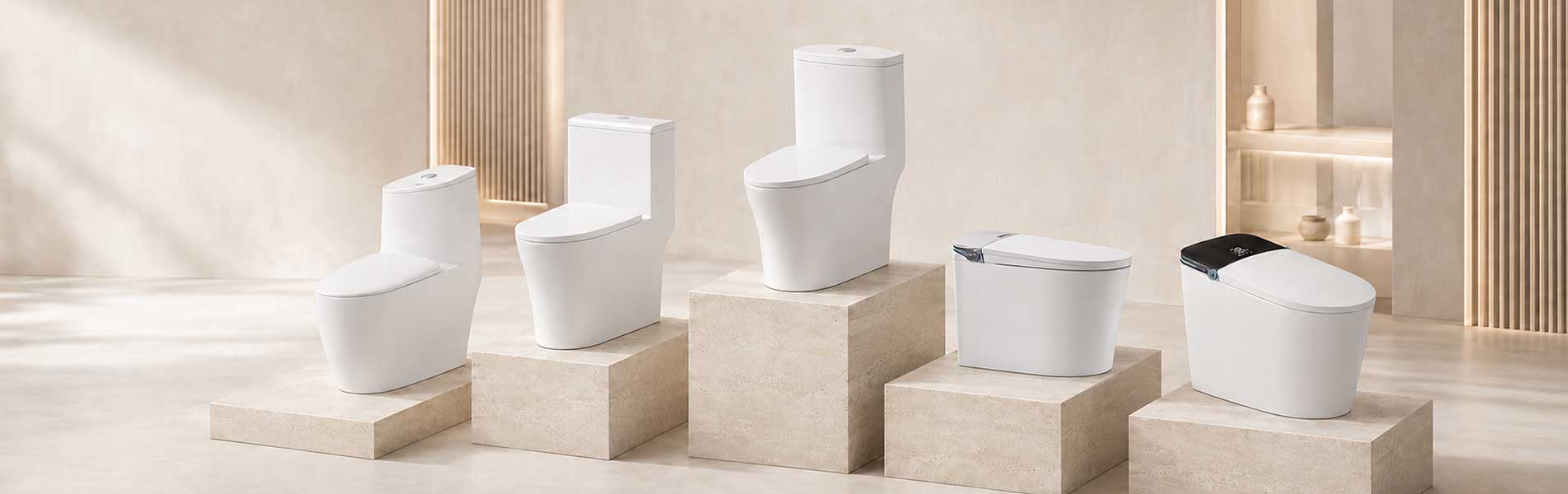 Các mẫu bồn cầu sứ cao cấp màu trắng trưng bày trong không gian sáng hiện đại