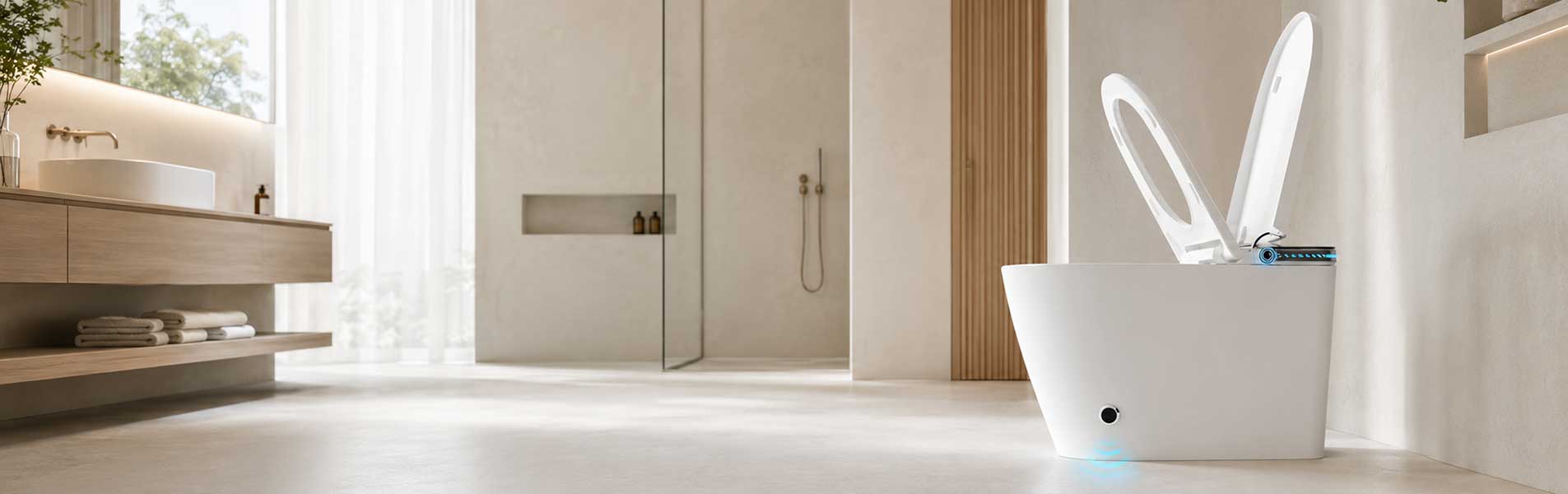 Bồn cầu thông minh màu trắng mở nắp trong phòng tắm sáng có lavabo và vách kính