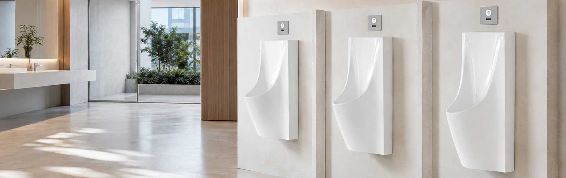 Ba bồn tiểu nam màu trắng gắn tường với bộ cảm ứng tự động trong khu vệ sinh hiện đại