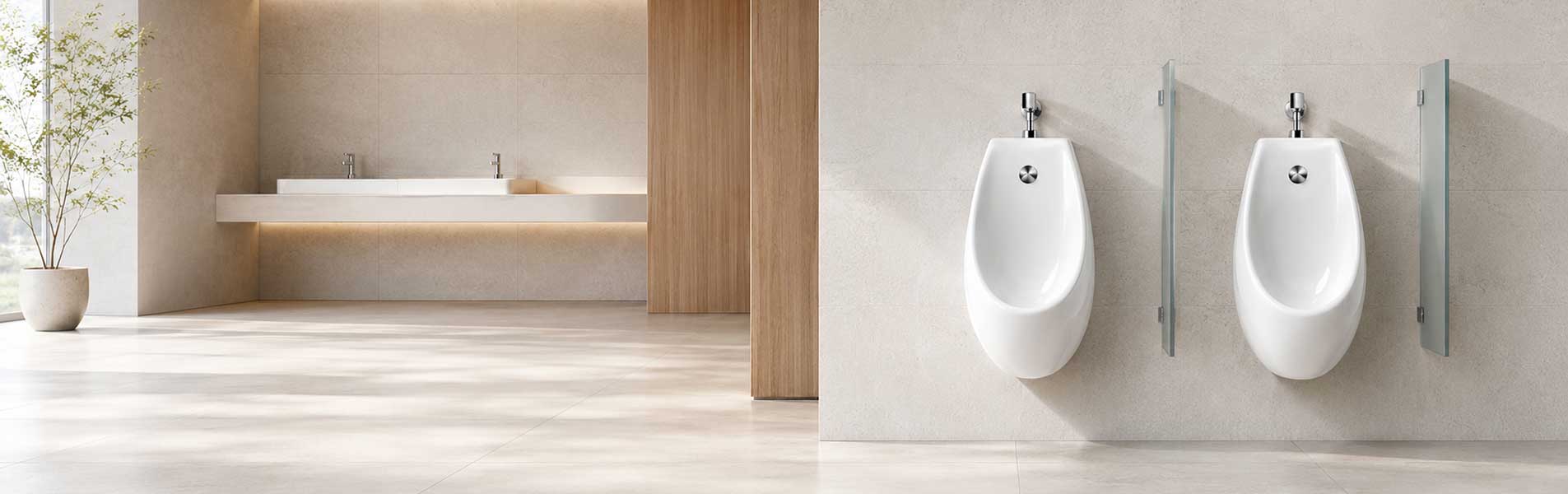Hai bồn tiểu nam màu trắng gắn tường có vách ngăn trong không gian vệ sinh hiện đại